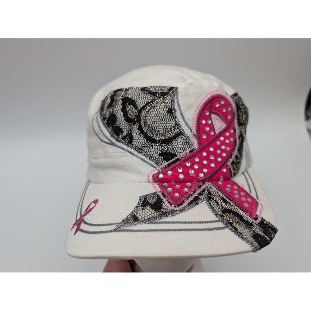 KBETHOS Breast Cancer Awareness Pink Ribbon Lace Rhinestone Cadet Hat White